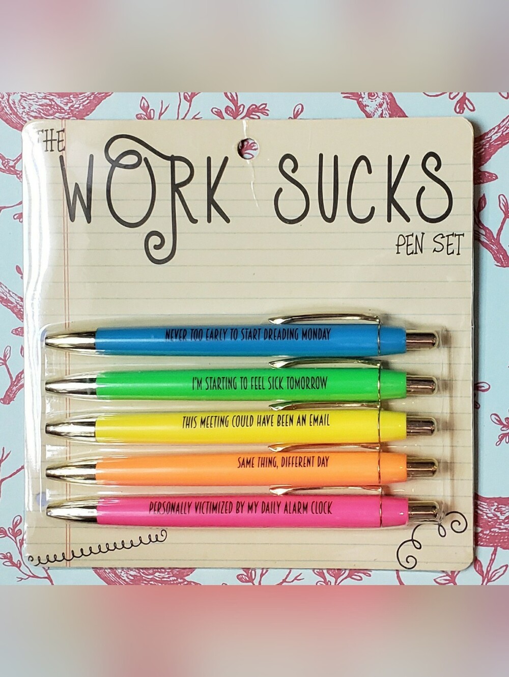 NEW Fun Club Work Sucks Novelty Gag 5 Pen Set Office Snarky Quotes Job hate
